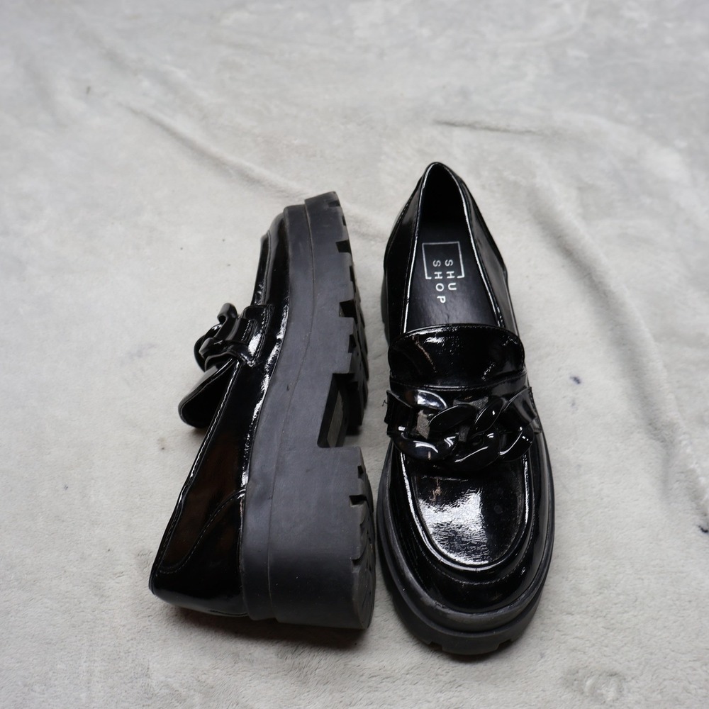 Shu Shop Womens 7‎ Talitha Loafers Black Patent Chunky Lug Sole Chain Slip On